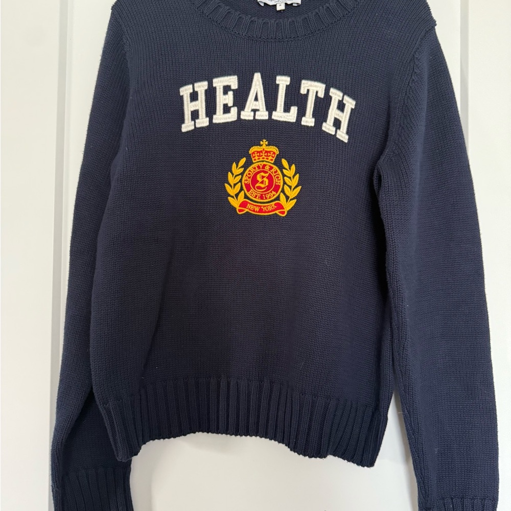 Sporty and Rich brand Medium NWT Navy Blue Cotton Crewneck Health Crest Sweater - Picture 10 of 16